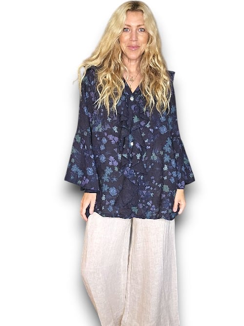 Navy Wild Garden Madrid Linen Frill Tunic