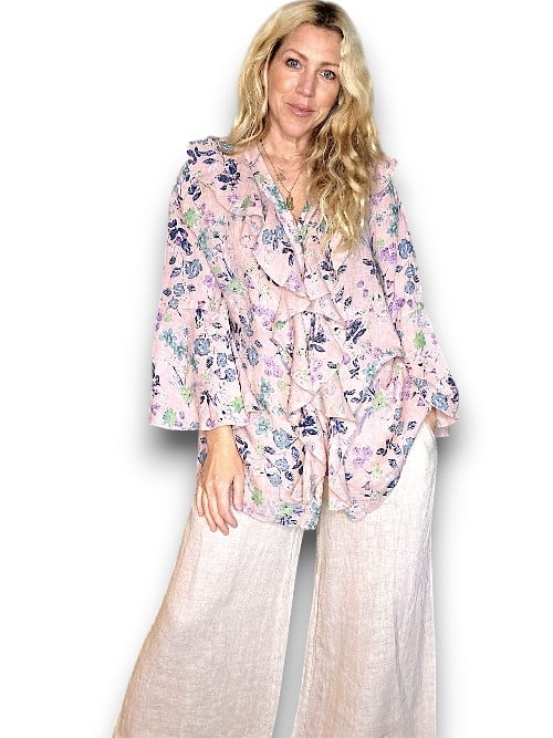 Baby Pink Wild Garden Madrid Linen Frill Tunic