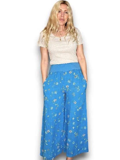 Bright Aqua Windy Bloom elastic waist linen pant