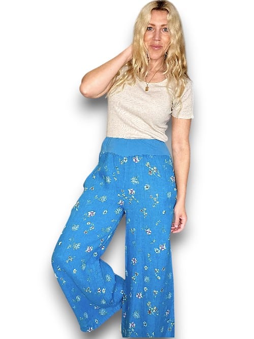 Bright Aqua Windy Bloom elastic waist linen pant