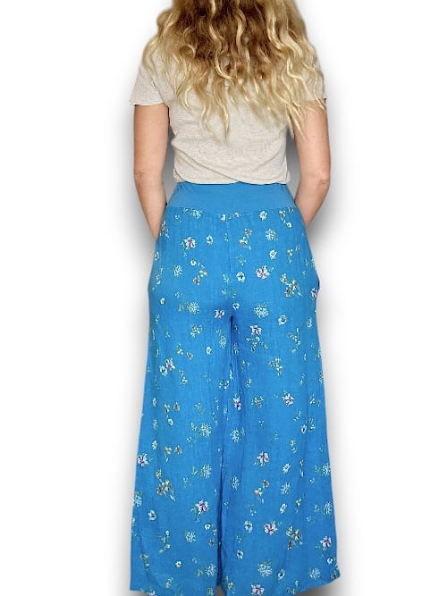 Bright Aqua Windy Bloom elastic waist linen pant