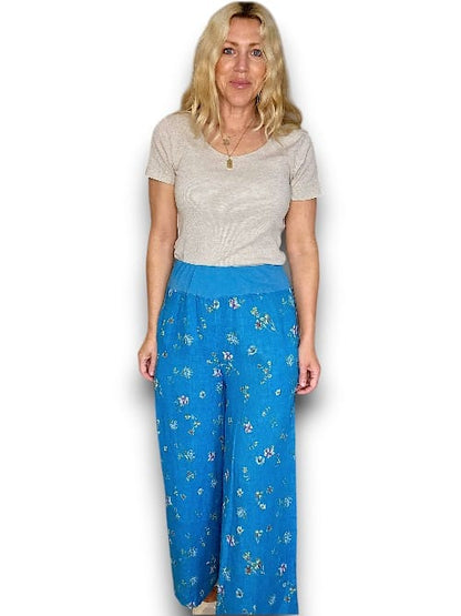 Bright Aqua Windy Bloom elastic waist linen pant