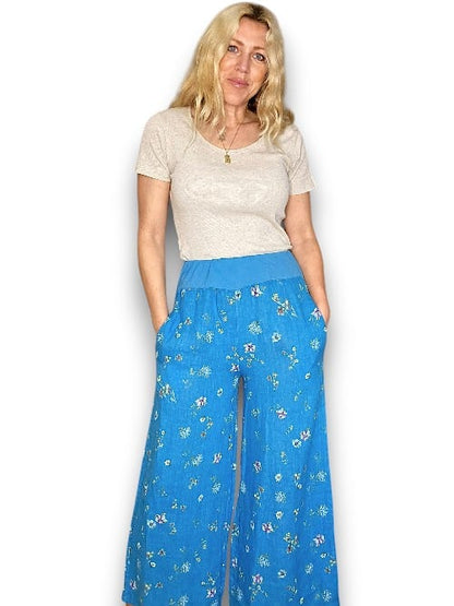 Bright Aqua Windy Bloom elastic waist linen pant