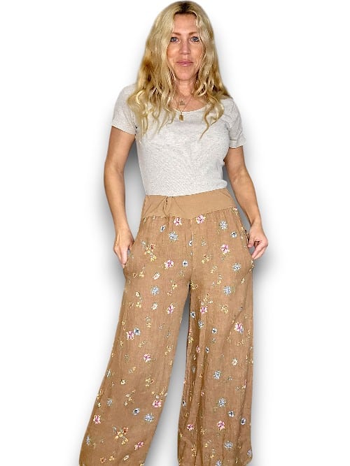 Caramel Windy Bloom elastic waist linen pant