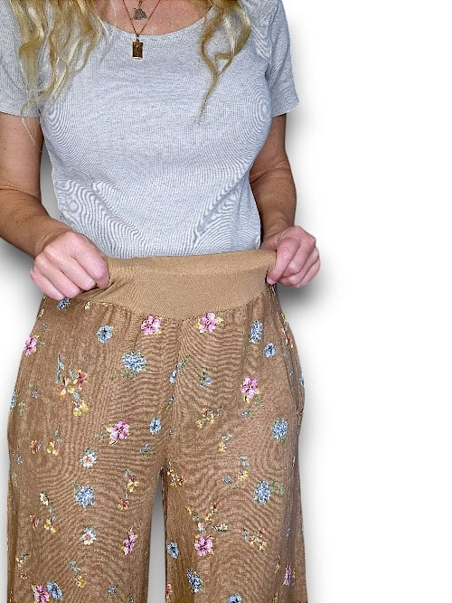 Caramel Windy Bloom elastic waist linen pant