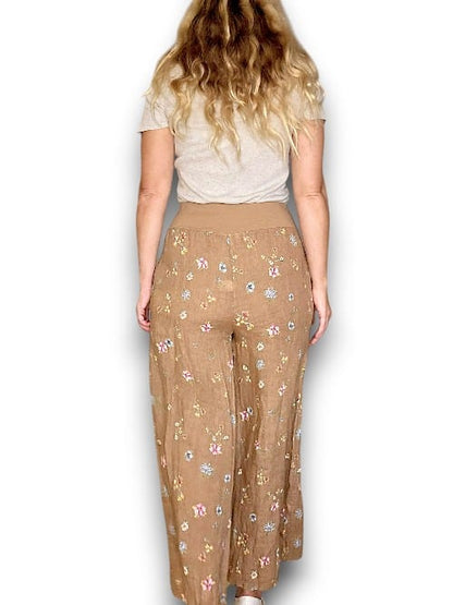 Caramel Windy Bloom elastic waist linen pant