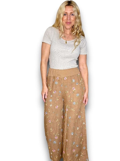 Caramel Windy Bloom elastic waist linen pant
