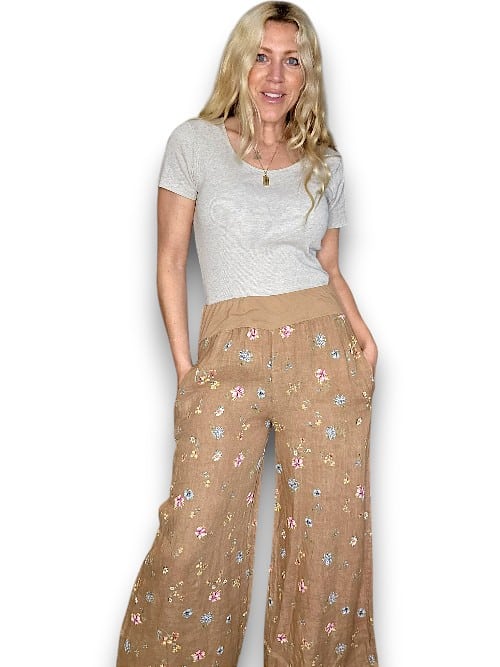 Caramel Windy Bloom elastic waist linen pant
