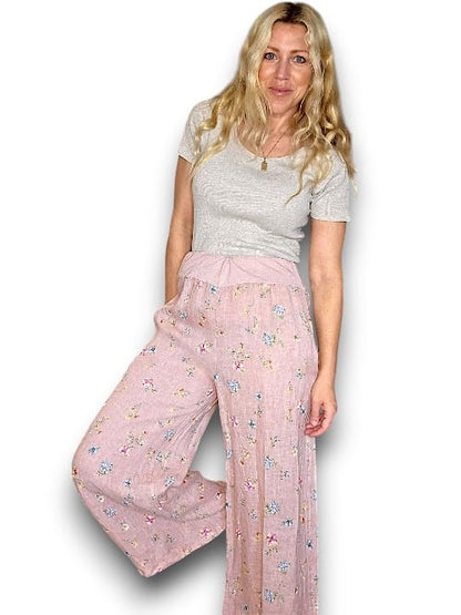 Baby Pink Windy Bloom elastic waist linen pant