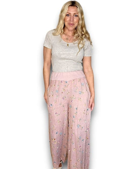 Baby Pink Windy Bloom elastic waist linen pant
