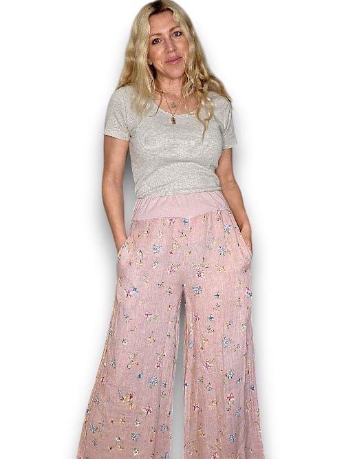 Baby Pink Windy Bloom elastic waist linen pant