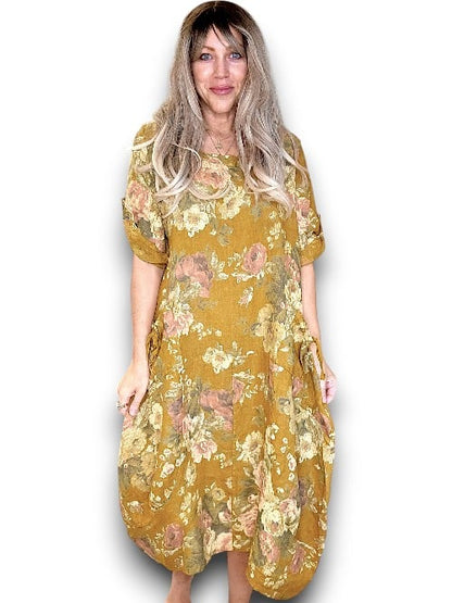 Mustard Scarlett Rose Button Sleeve Maxi Dress
