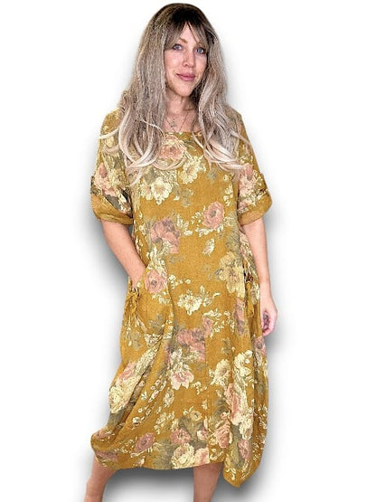Mustard Scarlett Rose Button Sleeve Maxi Dress