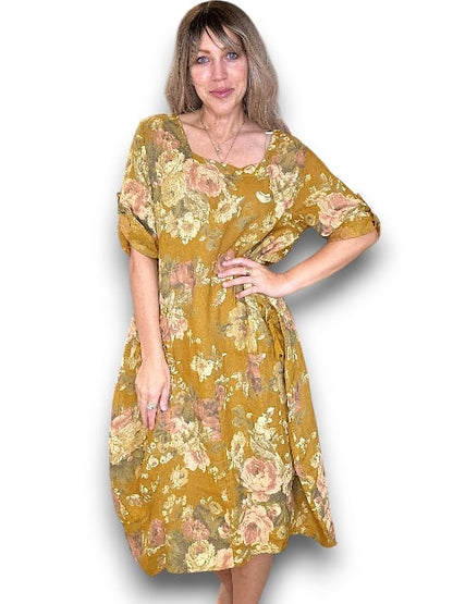 Mustard Scarlett Rose Button Sleeve Maxi Dress