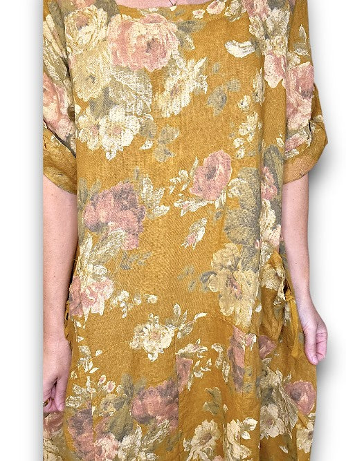 Mustard Scarlett Rose Button Sleeve Maxi Dress