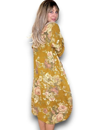 Mustard Scarlett Rose Button Sleeve Maxi Dress