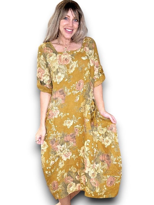 Mustard Scarlett Rose Button Sleeve Maxi Dress
