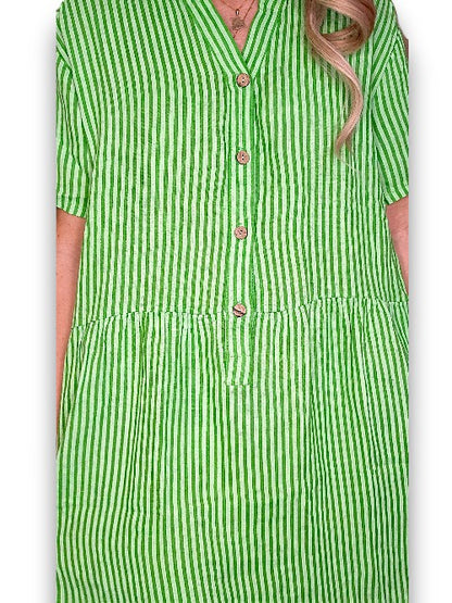 Bright Green Stripe Midi Coconut Button Dress
