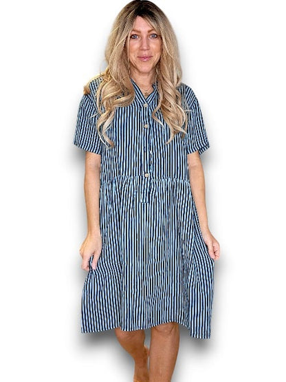 Dark Jade Stripe Midi Coconut Button Dress