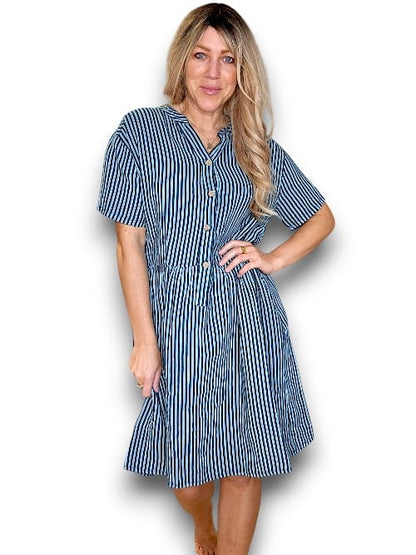 Dark Jade Stripe Midi Coconut Button Dress