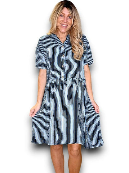 Charcoal Stripe Midi Coconut Button Dress