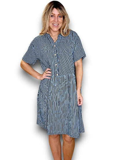 Dark Jade Stripe Midi Coconut Button Dress