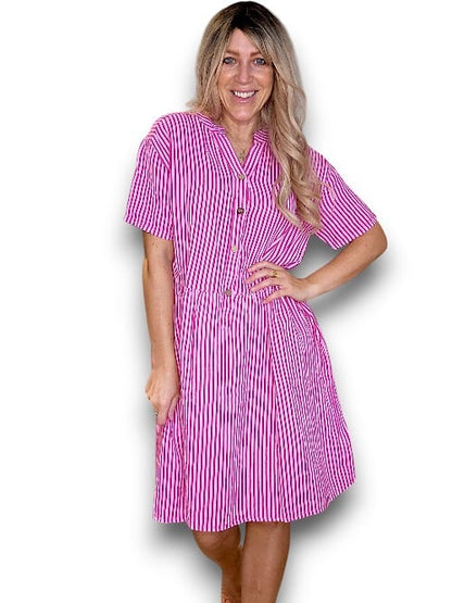Hot Pink Stripe Midi Coconut Button Dress