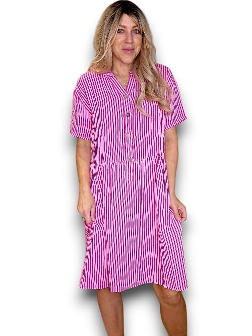 Hot Pink Stripe Midi Coconut Button Dress