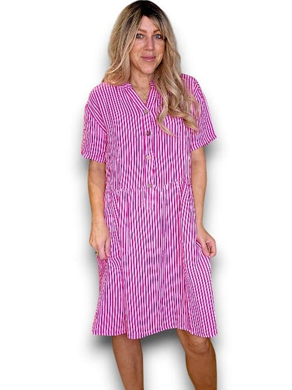 Hot Pink Stripe Midi Coconut Button Dress