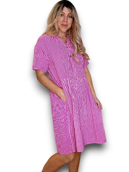 Hot Pink Stripe Midi Coconut Button Dress