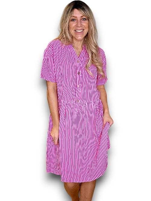 Hot Pink Stripe Midi Coconut Button Dress