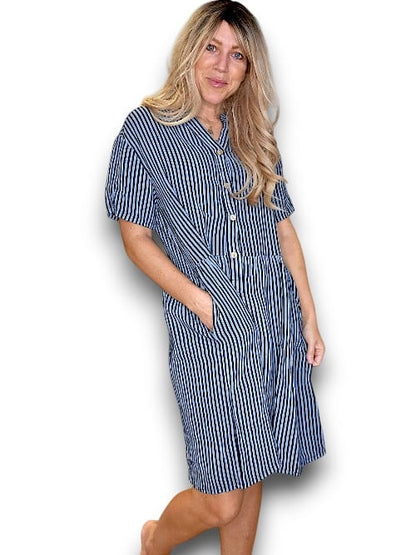 Charcoal Stripe Midi Coconut Button Dress