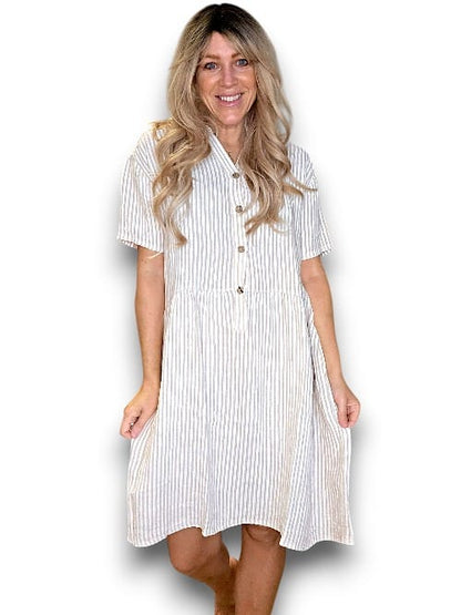 Beige Stripe Midi Coconut Button Dress