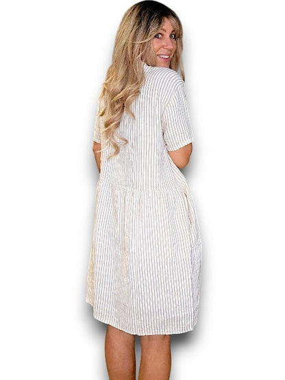 Beige Stripe Midi Coconut Button Dress