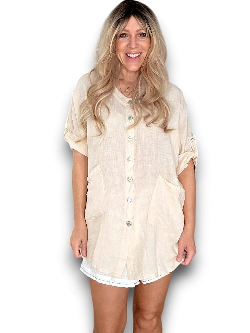 Beige Pearl Buttons Shirt