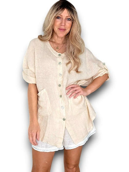 Beige Pearl Buttons Shirt