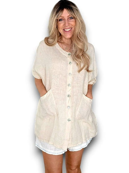 Beige Pearl Buttons Shirt