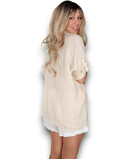 Beige Pearl Buttons Shirt