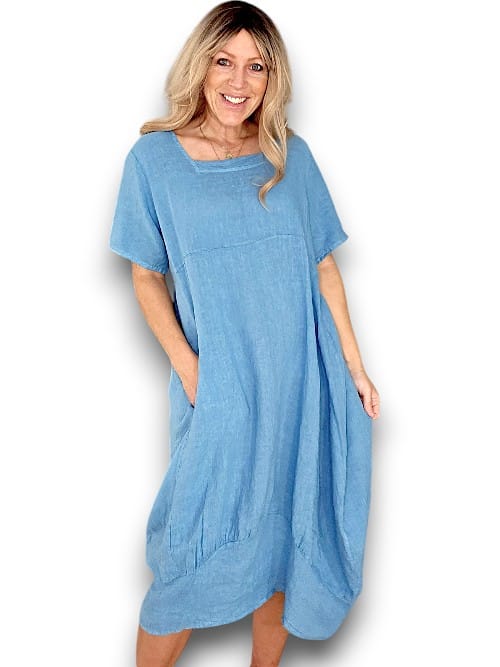 Sky Blue Plain Mid Sleeve Maxi Dress