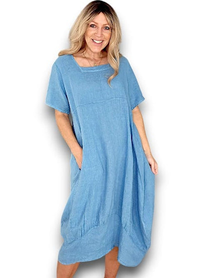 Sky Blue Plain Mid Sleeve Maxi Dress