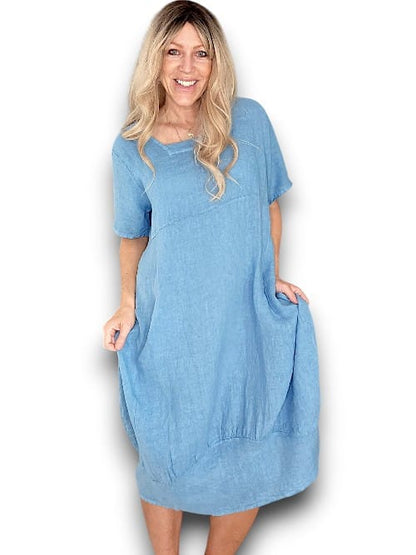 Sky Blue Plain Mid Sleeve Maxi Dress