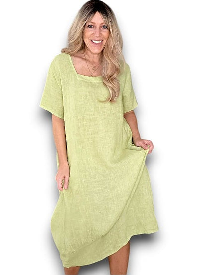 Antique Lime Plain Mid Sleeve Maxi Dress
