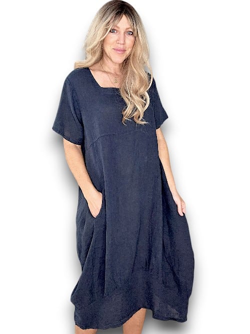 Navy Plain Mid Sleeve Maxi Dress