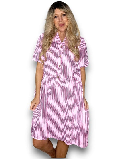Bubblegum Pink Stripe Midi Coconut Button Dress