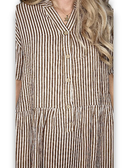 Coffee Stripe Midi Coconut Button Dress