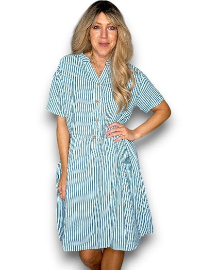 Light Turquoise Stripe Midi Coconut Button Dress