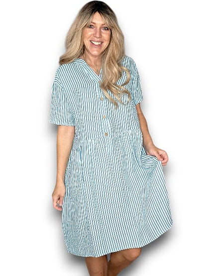 Light Turquoise Stripe Midi Coconut Button Dress