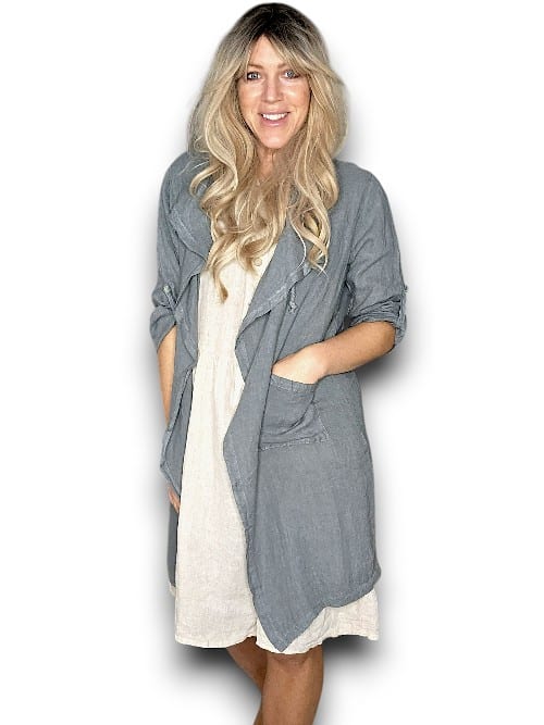 Grey Long Drawstring Linen Jkt