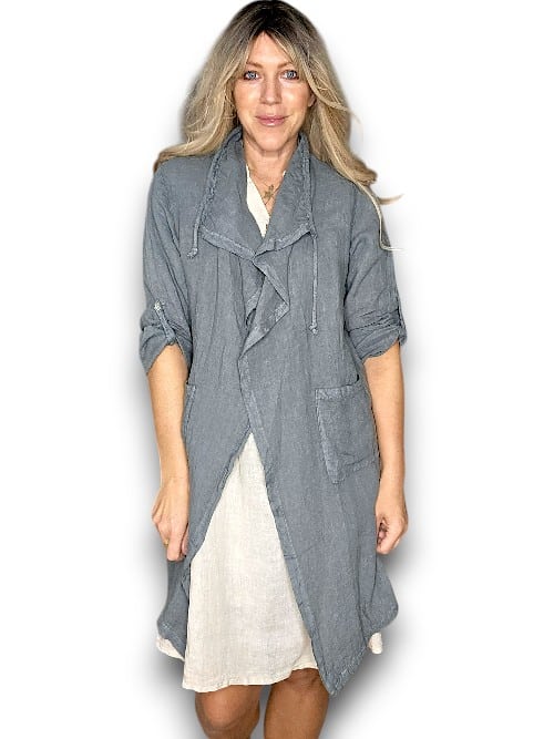 Grey Long Drawstring Linen Jkt