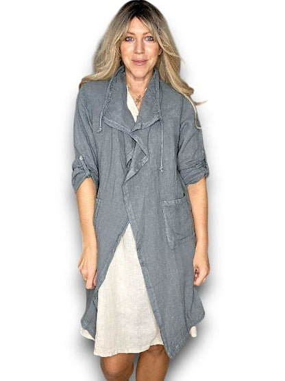 Grey Long Drawstring Linen Jkt